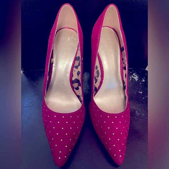 Fuchsia pink suede gold studded vamp shoes 4 inch stilettos 👠 Ladies size 8 1/2 - Picture 2 of 11